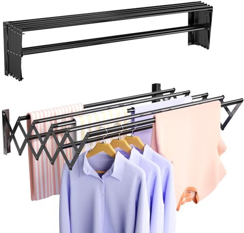 Vikaqi Wall Mounted Clothes Drying Rack, Foldable Wall Mount Laundry Drying Rack Folding Indoor, Drying Rack Clothing Collapsible, Retractable Towel Rack, Space Saver with 7 Drying Rods, Black
