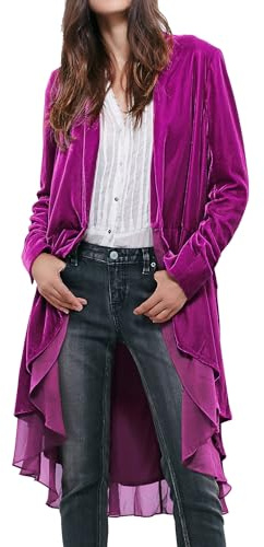 R.Vivimos Chaqueta De Terciopelo De Otoño e Invierno Para Mujeres Con Volantes Casuales Chaqueta Larga Retro Sin Cuello Chaqueta Deportiva Clásica De Cola De Golondrina(M,Fuchsia)