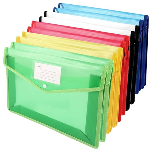 WOPPLXY 10 Stück Wasserdicht Dokumentenmappe A4, Kunststoff Umschlag Mappe Sichttasche Dokumenten, 5 Farbige Dokumententasche A4 für Zuhause, Schule und Büro Dokumente Organisieren