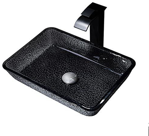 Glas-Waschbecken, rechteckig, 18 x 13, modernes Badezimmer-Waschbecken, Aufsatz, schwarzes Badezimmer-Waschbecken, Kunstbecken, Waschtisch mit Pop-up-Ablauf, Waschbecken mit Wasserhahn (Waschbecken m