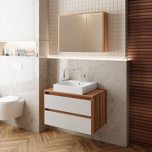 Badezimmermöbel Set 3 teilig Loon | Keramikwaschbecken | Spiegelschrank | Unterschrank | Softclose-Schubladen | unsichtbare Griffe| Natürlicher Stil| Weidenholz Furnier | Waschtischunterschrank
