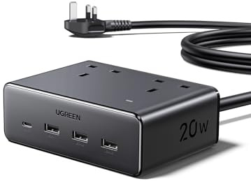 UGREEN Extension Lead 1.5M, 2 Way Power Strip with 4 USB Ports