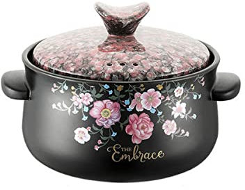Sopera de cerámica con diseño de flores, redonda, para cocinar, cazuela, cazuela de barro, olla de barro, olla para guisar, utensilios de cocina de cerámica con tapa, resistentes al calor, 1,5 l/4 l