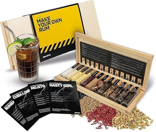 DIBYS Rum-Gewürze-Set Mini | 12 Rum-Set Botanicals | Mit 4 Rezept-Karten, Gewürzlexikon & edler Holz-Kiste | Rum-Geschenk-Set für Männer & Frauen | Rum Zubehör zum Rum selber machen