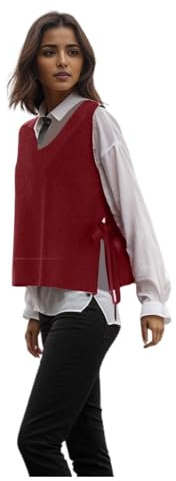 Gilet da donna in maglia con vita e scollo a V, senza maniche, per autunno e inverno, Colore: rosso, XL