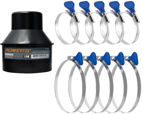 POWERTEC 70472 4 Inch Hose to 2-1/2 Inch Hose Cone Reducer w/4 & 2-1/2 Key Hose Clamps Set, Dust Collection Fitting with 10pcs Thumb Screw Hose Clamps for Dust Collection Hose, Dryer Vent Hose