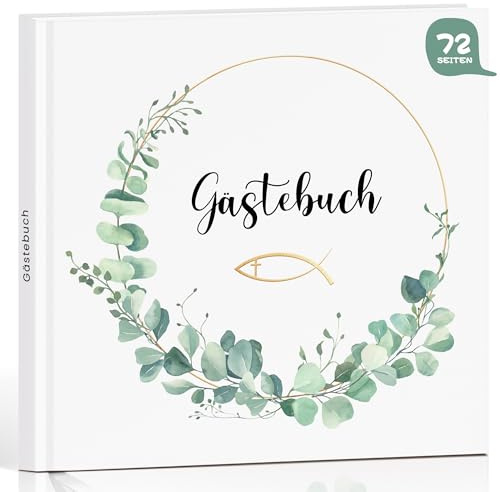Gästebuch Kommunion, Konfirmation, Jugendweihe oder Taufe – Hardcover Erinnerungsbuch mit 72 blanko Seiten für Glückwünsche und Fotos, Eukalyptus mit Goldfolie, Geschenk für Jungen und Mädchen