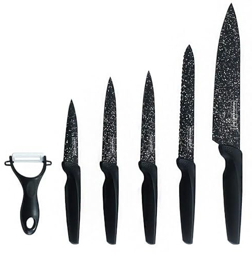 ROYALTY LINE, RLMB5B, Ensemble de 6 couteaux de cuisine avec revêtement antiadhésif, lames tranchantes et design élégant, prise en main confortable - Taille : Standard, Couleur : Noir