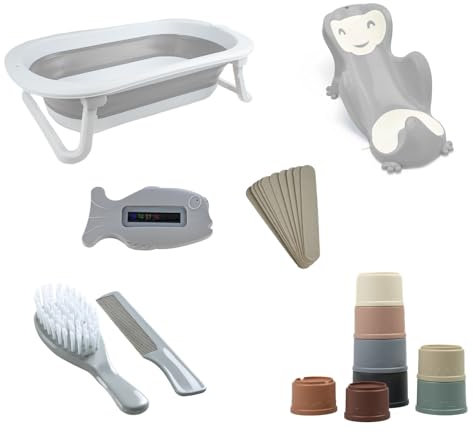 THERMOBABY – Pack de baño completo – Bañera plegable – Hamaca de baño – Termómetro – Cepillo y peine – Juguetes y lima de uñas – Conjunto práctico y compacto para bebé