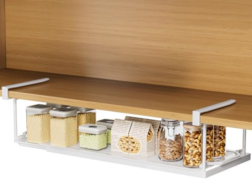 Yorbay Unterregal Hängekorb, Metall Hängekorb Regal Unterregal Aufbewahrungskorb Verstellbarer 38-70 cm, Schrankkorb für Küche, Schrank, Schuhschränken und Kleiderschränken(Weiß)