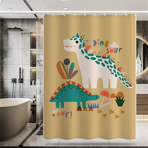 Duschvorhang 240 x 180 cm, Duschvorhang Wasserdicht mit Gewicht Badezimmer Vorhang Badewannenvorhang Polyester Textil mit Ösen und 12 Duschvorhangringe für Badewanne, Cartoon Dinosaurier V-277