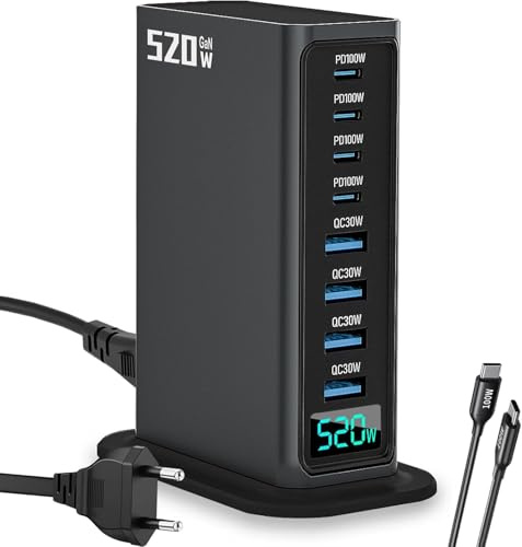 Cargador USB C 520W Múltiple，Carga Rapida 8 Puertos GAN III con 4 USB-C y 4 USB-A, Cargador PD PPS 100W, Adaptador Compatible con Mac-Book/i-Pad Pro/Air