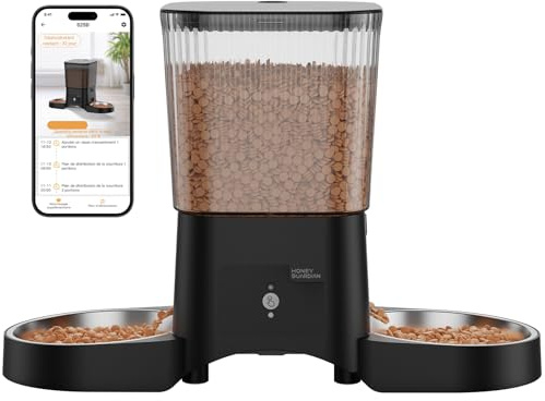 HoneyGuaridan 5G/2.4G WiFi Distributore Automatico Cibo Gatti con 2 Ciotole, Distributore Automatico Intelligente per Gatti e Cani, 4 Piedini Antiscivolo, Stabilità, 1-6 Pasti al Giorno (3.5L)