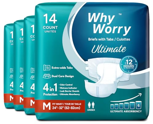WhyWorry Ultimate Pañales Adultos Unisex para Incontinencia Severa, Bragas Absorbentes Desechables con Máxima Absorción, Mujeres y Hombres, Antiolor, Talla M, 56 Unidades (4 Paquetes de 14)