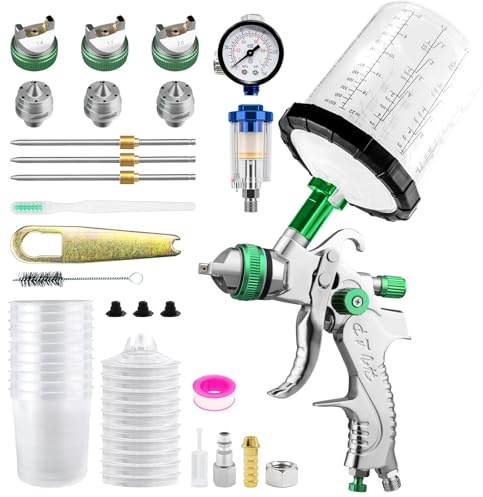 RRJ HVLP lackeringspistol sprutpistol kit med 3 munstycken 650 ml (1,4/1,7/2,0 mm & 20 ounces) engångsmunstycke färgspruta färgpistol tryckluft, för möbler, vägg, staket, dörrar, gör-det-själv (grön)