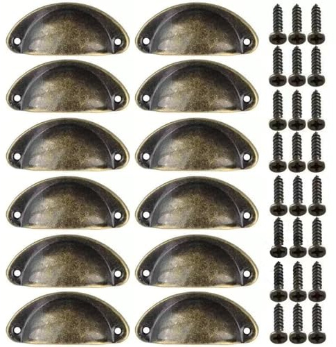 CBMZHF Vintage Bronze Cup Pull Handles with Screws, Metal Cabinet Hardware, 81mm x 35mm, Antique Style Drawer Pulls, 12 Pack