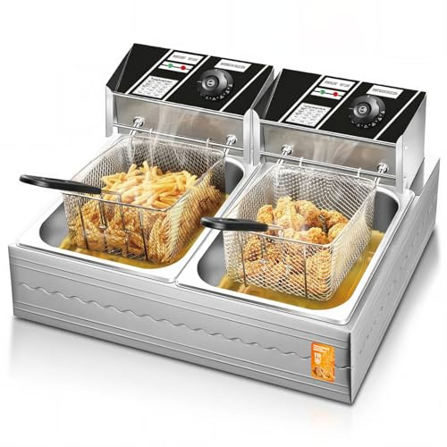 Friteuse électrique à double cuve de 11 litres avec thermostat réglable (0-200 °C), construction en acier inoxydable et longueur de 55 cm, pour les cuisines professionnelles et domestiques