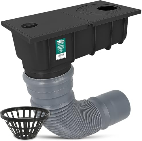 Millto Desagüe de Tubería de Lluvia Canalón Sumidero 110 mm Drenaje de Canalones Patio Rejilla Pluvial Caja Colectora Rejilla Extraíble Y Tubo Flexible 340‑400 mm Negro