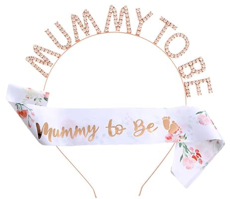 Haluway Mummy to Be Sash and Rhinestone Tiara Set, Baby Shower Party Decorations, Mummy To Be Crown Headband and Gifts for Expecting Mum, Floral Design