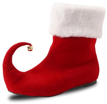 Scarpe Clown d'Elfo Stivali di Natale da Uomo Donna Stivali Metà Mollet Piatti con campane, Scarpe Pugno Invernali con Polsini Bianchi, Accessori Cosplay Natale per Carnevale, rosso, 43 EU