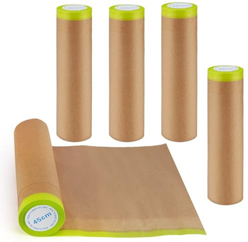 Decorniqu 5 Rolls Masking Paper for Painting Spraying 45cm x 11m Pre-Taped Masking Papers Film Tape for Floor Car Wall Frame Furniture Carpet Surface Protection