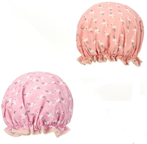 2 PCS Shower Cap for Women, Elastic Band Waterproof Plastic Shower Cap, Double Layers Reusable With Ruffled Edge Covering Ears for Long, Short and Curly Hair (Pink +orange)