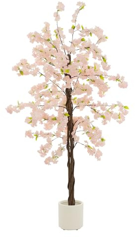 ML-Design Künstlicher Kirschblütenbaum 210 cm Rosa, Kunstpflanze Kirschbaum groß für Drinnen & Draußen, Deko Kunstbaum echt mit Naturholzstamm im Topf, Pflegeleichte Künstliche Pflanzen für Wohnzimmer