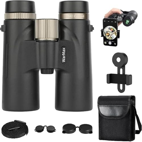 Warmax kikare, HD 12 x 42 vuxna hög förstoring, bra för fågelskådning, resor, stjärnskådning, jakt, bredare utsikt, konserter, smart fokus (svart med mobil Ph)