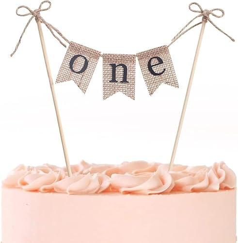 1st Birthday Cake Topper - Linen Bamboo ONE Flag with Removable Photo Frame - Natural Material Cake Decor for First Birthday Party