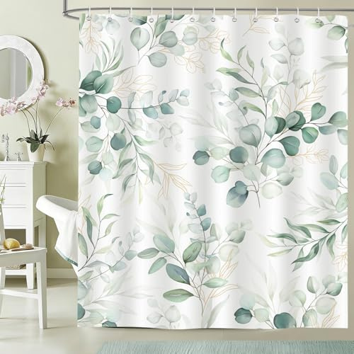 hometrixx Cortina de Ducha 180x200cm Hojas Eucalipto Acuarela Verde Salvia
