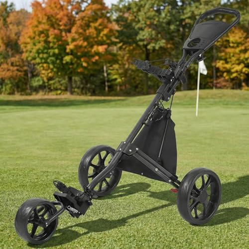 JoyCushy 3 Wheel Golf Trolley, Lightweight Aluminium Push Trolley with Umbrella Holder, Ergonomic Handle, Foot Brake & Foldable Design, Compact Golf Bag Transport