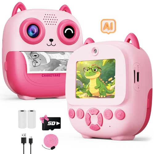 CHAKEYAKE Kinderkamera Sofortbildkamera, KI Sprach & Bilderkennung, 2,4 Zoll Digitalkamera für Kinder, Foto- & Videoaufnahme, Kreative Sticker und Filter, Geschenk für Jungen und Mädchen, Rosa