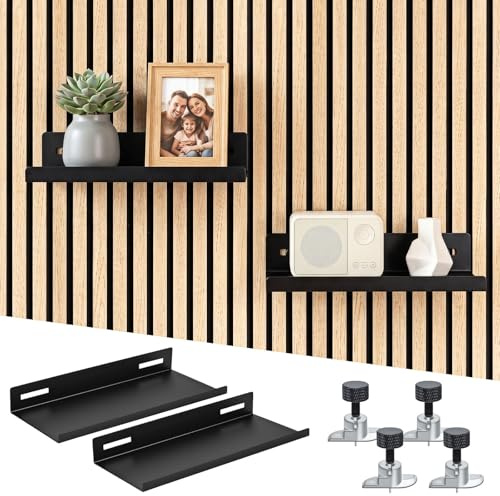 Meetory Acoustic Panels Shelf – 2 Pack No Drilling Metal Floating Shelves 10kg Load for Wood Acoustic Wall Panels Accessories Wall Organiser for Bedroom Living Room Kitchen Office, 25x10cm