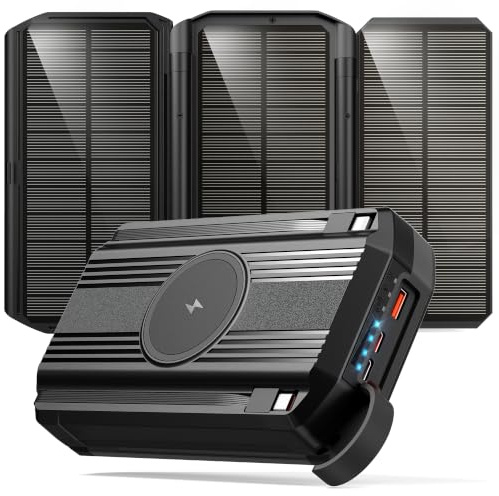 Solar Power Bank 63200mAh: 30W PD 3.0 A USB C Powerbank Ricarica Rapida con 2 Cavi, 5 Uscita & 2 Ingresso, 15W Ricarica Wireless, Spie luminose a LED, Torcia, Caricatore Portatile con Smartphones