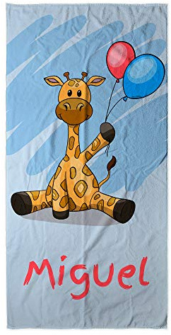 LolaPix Strandtuch Kinder. Personalisiert Strandtuch. Strand Badetuch mit Namen. Personalisierte Handtuch. Personalisierte Geschenke. Verschiedene Designs und Größen. Blaue Giraffe