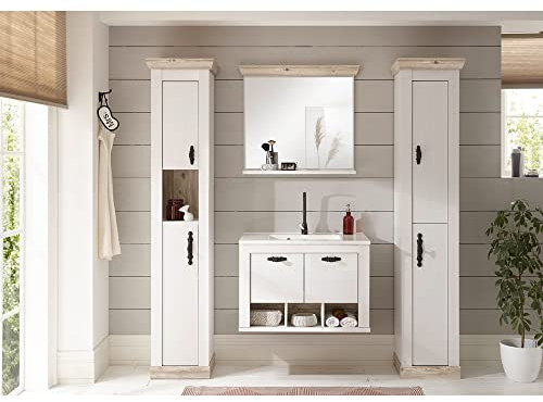 Lomadox Badezimmer Set 4-TLG. in Pinie weiß Nb. mit Absetzungen in Pinie dunkel Nb., B/H/T: ca. 205/200/46 cm