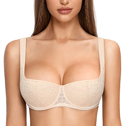 DOBREVA Damen Balconette BH Dirndl Bügel Spitzen BH Unterstützung Sexy Leicht Gepolstert Große Größen Beige 75B