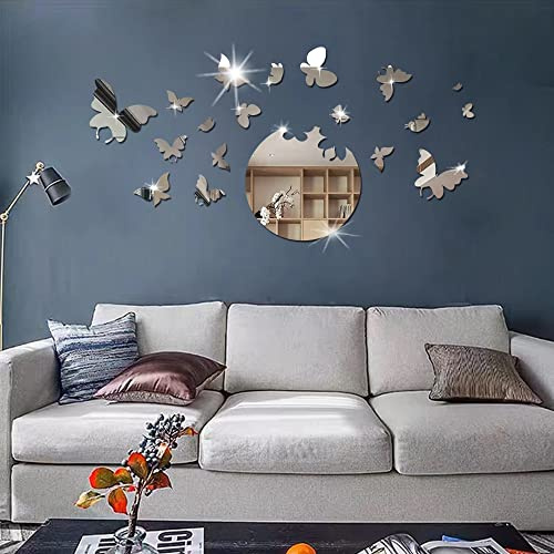 Shackcom Spiegel Wandaufkleber 18 Stück Schmetterlinge 3D Wandtattoo DIY Acryl Silber Wandsticker Spiegel Selbstklebend für Wohnzimmer Halle Schlafzimmer Badezimmer Wand