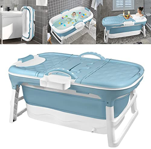 Aufun Vasca da bagno pieghevole XL 112 x 62 x 52 cm, ideale per bagno, doccia e balcone, con copertura e rulli massaggianti, cestino per il sapone, vasca portatile in plastica spessa - blu