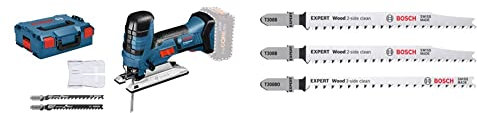 Bosch Professional Stichsäge GST 18 V-LI S (3 Stichsägeblätter, ohne Akkus Ladegerät, in L-BOXX) + 3x Stichsägeblatt Set Expert ‘Wood 2-Side Clean‘ (Sperrholz, Massivholz-Möbelplatte, 117 mm, Zubehör)