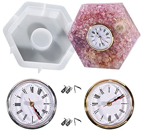 Allazone Uhr Silikonharz Formen Hexagon Uhr Harzformen Gießformen Uhr Epoxidharz Gießformen mit 2 Uhrwerken Zubehör für DIY Basteln, Heimdekoration