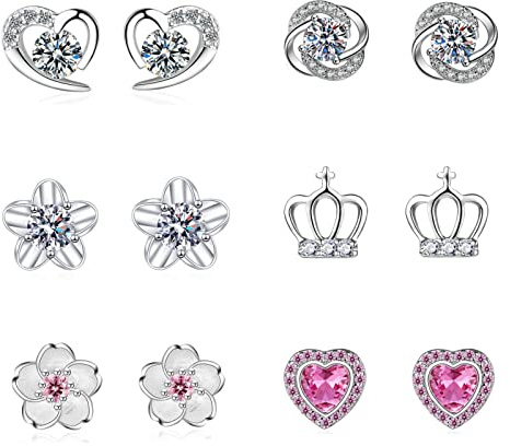GUROTD 6 Pairs Sterling Silver Stud Earrings for Women Girls 925 Tiny Flower Heart Butterfly Hypoallergenic Cubic Zirconia Diamond Cartilage Set, Pink Crown blossom