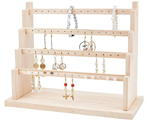 NBEADS 4-Tier Holz Ohrring Display Ständer, Holz Ohrring Schmuck Display Rack Schmuck Organizer Halter Riser mit 4 Stück Flat Bars (56 Löcher) für Ohrring Halskette Armband, 15x34x27cm