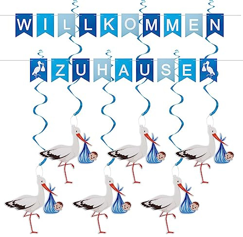 TGFIX Herzliches Storch-Banner zur Taufe- und Babyparty mit 6 Stück Vormontierten Girlanden