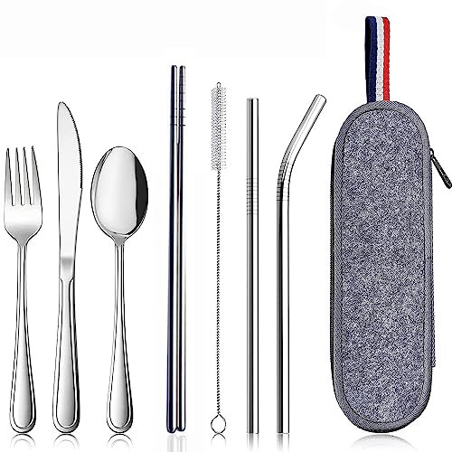 Quixotical 8 Pcs Travel Cutlery Sets, Portable Stainless Steel Utensils, Camping Cutlery Set, with Gray Cutlery Bag, for Camping, Travel, Picnic, Home, BBQ (Silver)