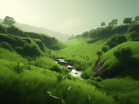 adrium Acryl-Bild 130 x 100 cm: Grüne Wiese mit Berg und Fluss am Morgen, 3D-Rendering (204742826)
