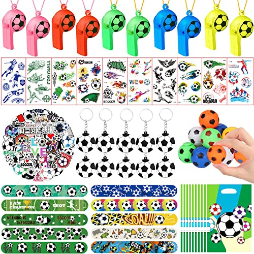 JOLCEEY 112pcs Football Party Bags Fillers, Football Party Favors Set Football Key Chains, Wristbands, Whistles, Stickers for Birthday Gift