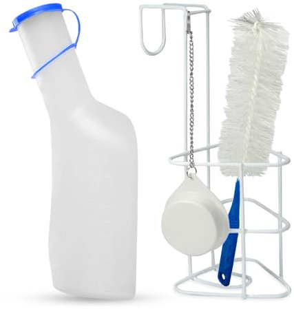 Hygiene100 Urinflaschen-Set (Urinflasche 1000ml + Betthalter mit Deckel + Reinigungsbürste) Langlebige durchscheinende Kunststoff-Urinflasche mit Verschluss, leicht ablesbare Messlinien