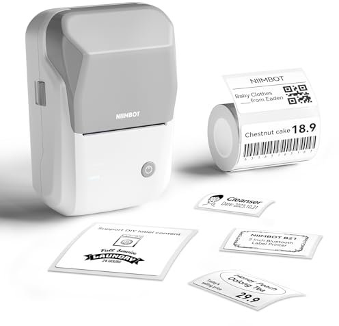 NIIMBOT B1 Etikettendrucker mit 1 Rolle Starterband, Bluetooth Selbstklebendes Etikettiergerät, Beschriftungsgerät Druckgröße 20-50mm Kompatibel mit iOS und Android für Zuhause, Büro (Grau)