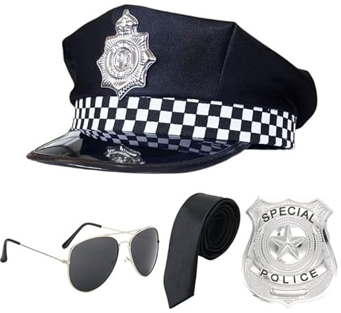 SKHAOVS 4 Piezas Accesorios para Disfraz Policia Gorro, Gafas de Sol, Placa de Policía, Adulto Disfrazarse Halloween, para Policía Cosplay Carnaval Fiesta de Disfraces